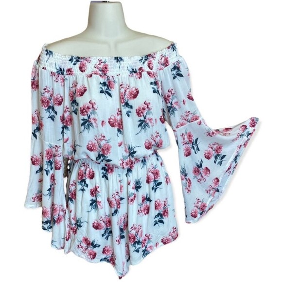 Abercrombie & Finch Ivory  floral off shoulder rayon bell sleeve romper Size M - Picture 1 of 10